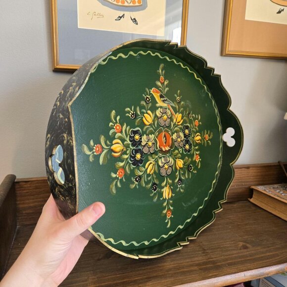 Handpainted Hindeloopen Wooden Tray w Handles Bird Flowers Dutch Floral Folk Art - Picture 5 of 10